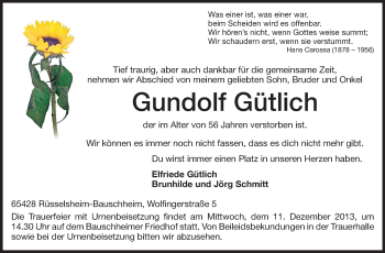 Traueranzeige von Gundolf Gütlich von Rüsselsheimer Echo, Groß-Gerauer-Echo, Ried Echo