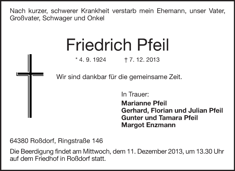  Traueranzeige für Friedrich Pfeil vom 10.12.2013 aus Echo-Zeitungen (Gesamtausgabe)