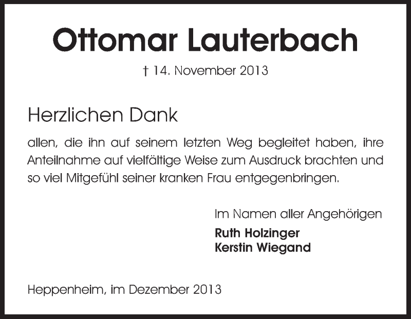  Traueranzeige für Ottomar Lauterbach vom 13.12.2013 aus Starkenburger Echo