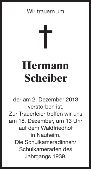 Traueranzeige von Hermann Scheiber von Rüsselsheimer Echo, Groß-Gerauer-Echo, Ried Echo