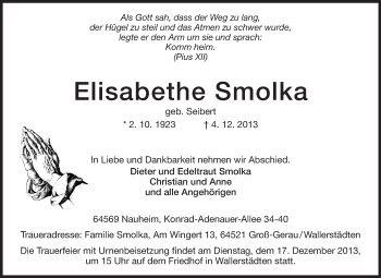 Traueranzeige von Elisabethe Smolka von Rüsselsheimer Echo, Groß-Gerauer-Echo, Ried Echo