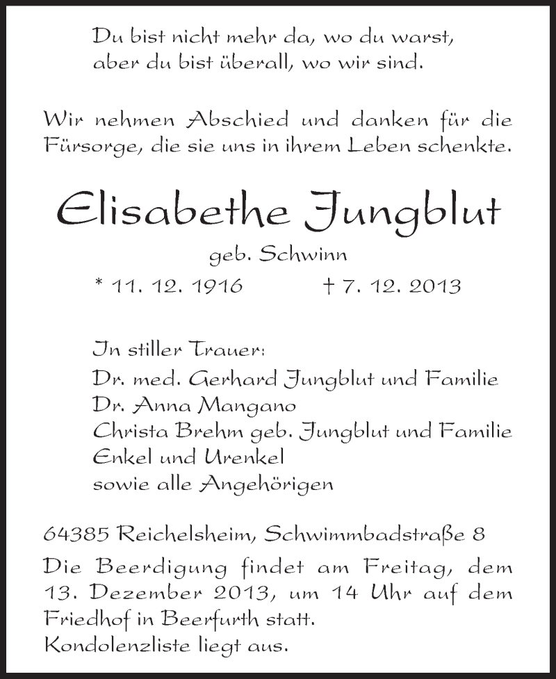  Traueranzeige für Elisabethe Jungblut vom 11.12.2013 aus Odenwälder Echo