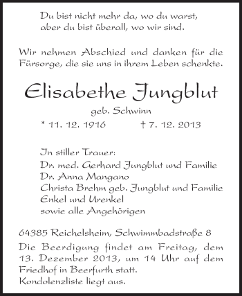 Traueranzeige von Elisabethe Jungblut von Odenwälder Echo