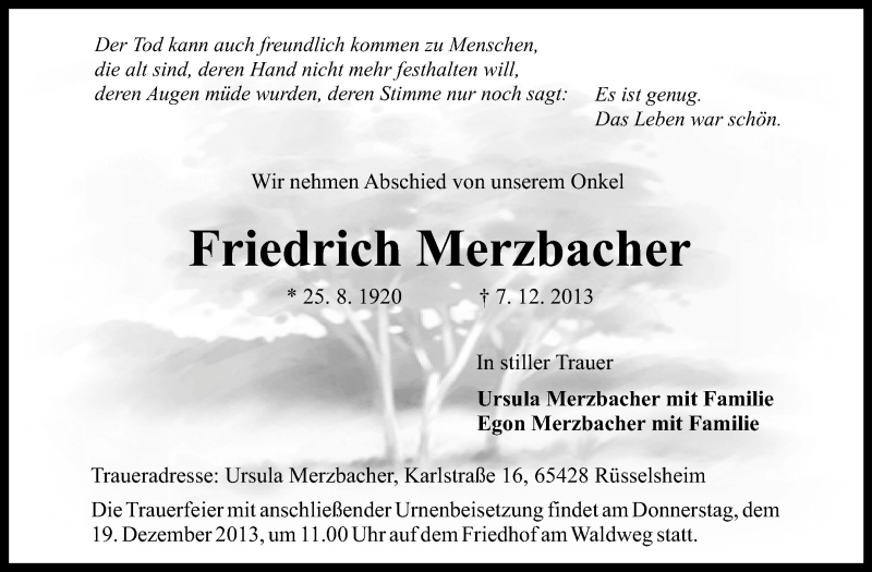  Traueranzeige für Friedrich Merzbacher vom 14.12.2013 aus Rüsselsheimer Echo, Groß-Gerauer-Echo, Ried Echo