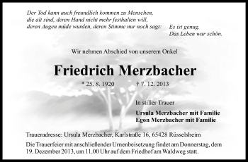 Traueranzeige von Friedrich Merzbacher von Rüsselsheimer Echo, Groß-Gerauer-Echo, Ried Echo
