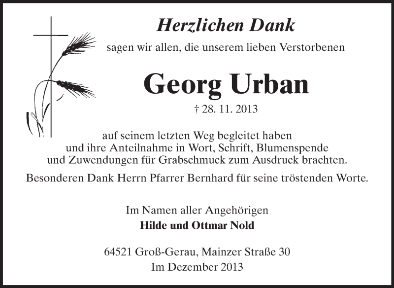  Traueranzeige für Georg Urban vom 14.12.2013 aus Rüsselsheimer Echo, Groß-Gerauer-Echo, Ried Echo