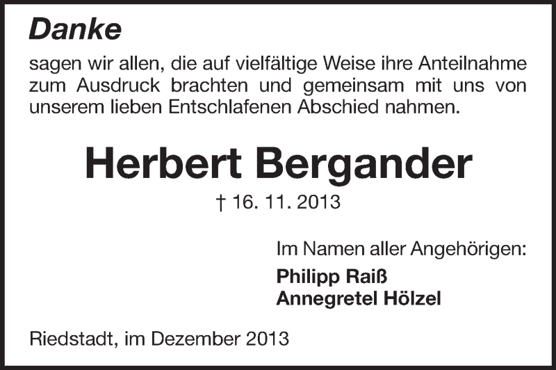  Traueranzeige für Herbert Bergander vom 11.12.2013 aus Rüsselsheimer Echo, Groß-Gerauer-Echo, Ried Echo
