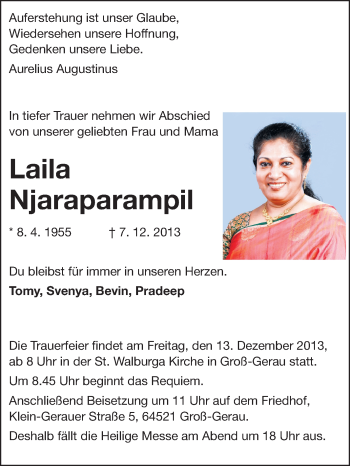 Traueranzeige von Laila Njaraparampil von Rüsselsheimer Echo, Groß-Gerauer-Echo, Ried Echo