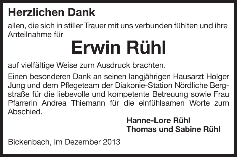  Traueranzeige für Erwin Rühl vom 14.12.2013 aus Echo-Zeitungen (Gesamtausgabe)