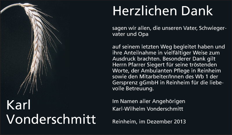  Traueranzeige für Karl Vonderschmitt vom 14.12.2013 aus Echo-Zeitungen (Gesamtausgabe)