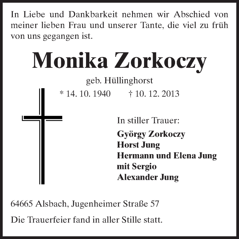  Traueranzeige für Monika Zorkoczy vom 14.12.2013 aus Echo-Zeitungen (Gesamtausgabe)