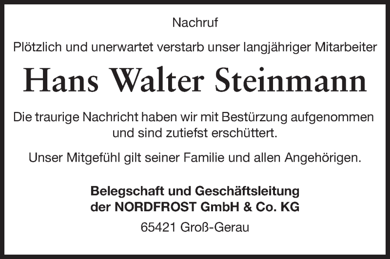  Traueranzeige für Hans Walter Steinmann vom 14.12.2013 aus Rüsselsheimer Echo, Groß-Gerauer-Echo, Ried Echo