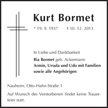 Traueranzeige von Kurt Bormet von Rüsselsheimer Echo, Groß-Gerauer-Echo, Ried Echo