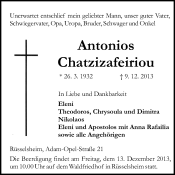Traueranzeige von Antonios Chatzizafeiriou von Echo-Zeitungen (Gesamtausgabe)