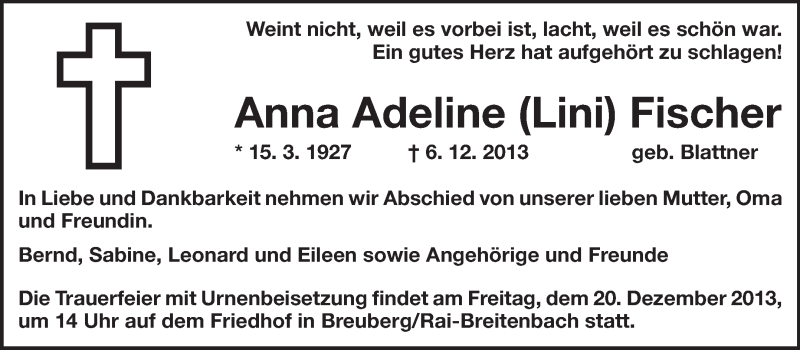  Traueranzeige für Anna Adeline Fischer vom 14.12.2013 aus Odenwälder Echo