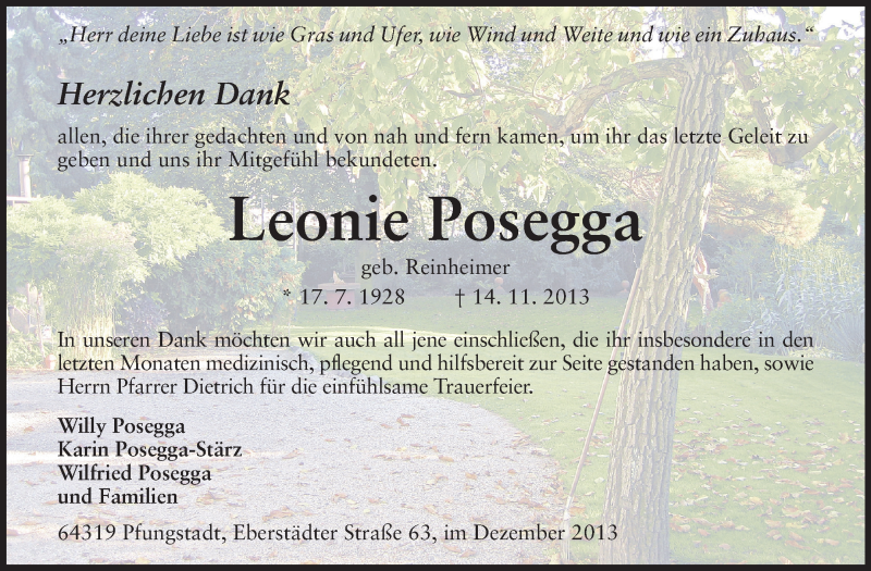 Traueranzeige für Leonie Posegga vom 14.12.2013 aus Echo-Zeitungen (Gesamtausgabe)