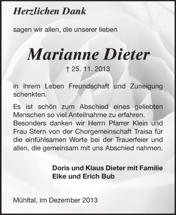 Traueranzeige von Marianne Dieter von Echo-Zeitungen (Gesamtausgabe)