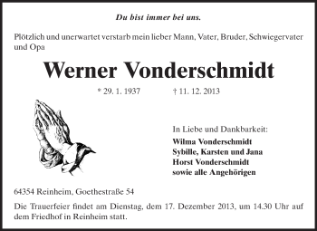Traueranzeige von Werner Vonderschmidt von Darmstädter Echo, Odenwälder Echo, Rüsselsheimer Echo, Groß-Gerauer-Echo, Ried Echo