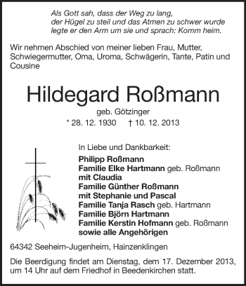 Traueranzeige von Hildegard Roßmann von Echo-Zeitungen (Gesamtausgabe)