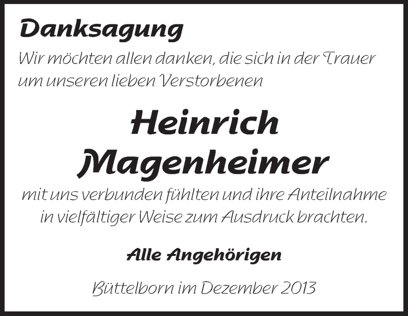  Traueranzeige für Heinrich Magenheimer vom 13.12.2013 aus Rüsselsheimer Echo, Groß-Gerauer-Echo, Ried Echo