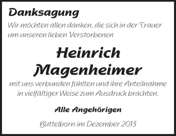 Traueranzeige von Heinrich Magenheimer von Rüsselsheimer Echo, Groß-Gerauer-Echo, Ried Echo