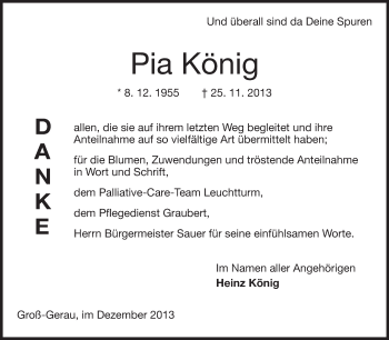 Traueranzeige von Pia König von Rüsselsheimer Echo, Groß-Gerauer-Echo, Ried Echo