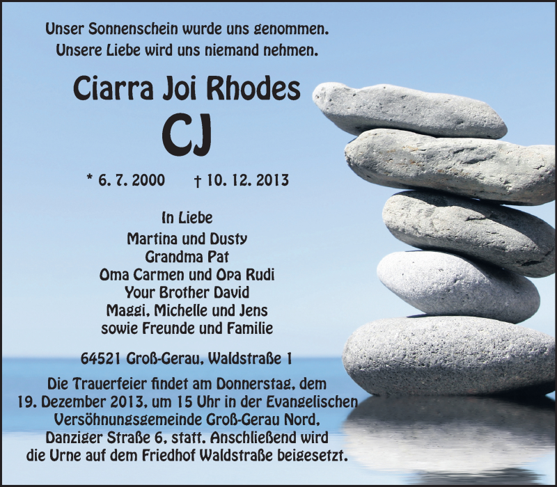  Traueranzeige für Ciarra Joi Rhodes vom 14.12.2013 aus Rüsselsheimer Echo, Groß-Gerauer-Echo, Ried Echo