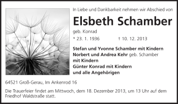 Traueranzeige von Elsbeth Schamber von Rüsselsheimer Echo, Groß-Gerauer-Echo, Ried Echo