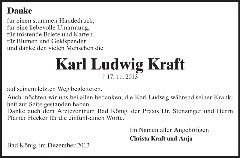  Traueranzeige für Karl Ludwig Kraft vom 14.12.2013 aus Odenwälder Echo