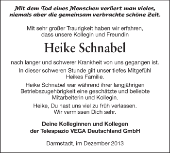 Traueranzeige von Heike Schnabel von Echo-Zeitungen (Gesamtausgabe)
