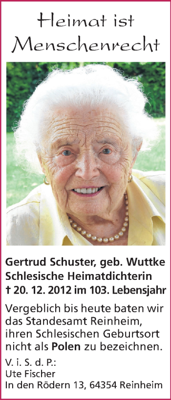 Traueranzeige von Gertrud Schuster von Echo-Zeitungen (Gesamtausgabe)
