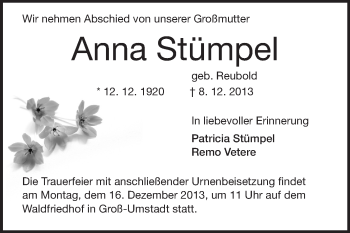 Traueranzeige von Anna Stümpel von Echo-Zeitungen (Gesamtausgabe)