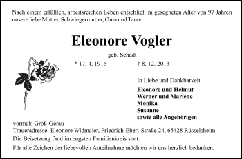 Traueranzeige von Eleonore Vogler von Rüsselsheimer Echo, Groß-Gerauer-Echo, Ried Echo