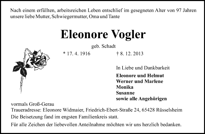  Traueranzeige für Eleonore Vogler vom 21.12.2013 aus Rüsselsheimer Echo, Groß-Gerauer-Echo, Ried Echo