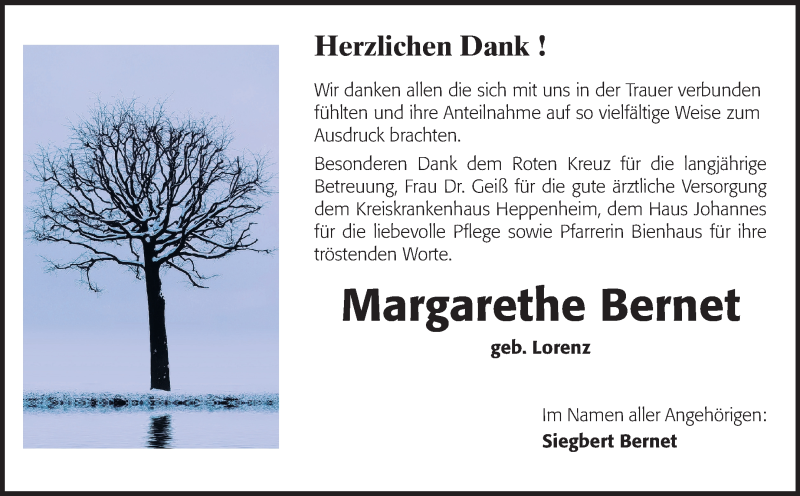  Traueranzeige für Margarete Bernet vom 13.12.2013 aus Starkenburger Echo