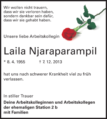 Traueranzeige von Laila Njaraparampil von Rüsselsheimer Echo, Groß-Gerauer-Echo, Ried Echo