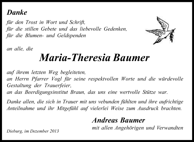  Traueranzeige für Maria-Theresia Baumer vom 14.12.2013 aus Echo-Zeitungen (Gesamtausgabe)