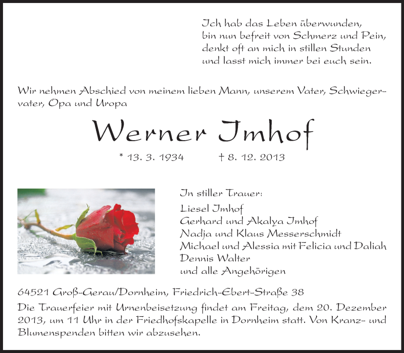  Traueranzeige für Werner Imhof vom 18.12.2013 aus Rüsselsheimer Echo, Groß-Gerauer-Echo, Ried Echo