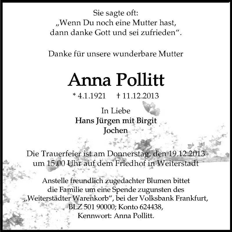  Traueranzeige für Anna Pollit vom 14.12.2013 aus Echo-Zeitungen (Gesamtausgabe)
