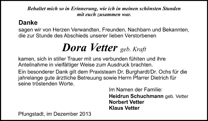  Traueranzeige für Dora Vetter vom 21.12.2013 aus Echo-Zeitungen (Gesamtausgabe)