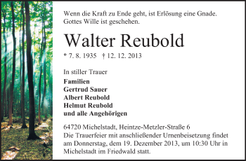 Traueranzeige von Walter Reubold von Odenwälder Echo
