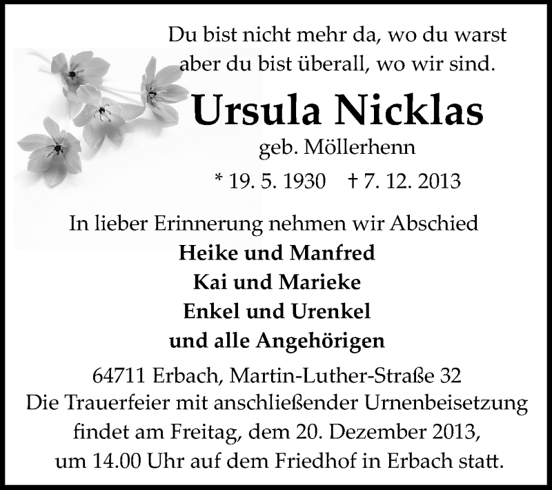  Traueranzeige für Ursula Nicklas vom 16.12.2013 aus Odenwälder Echo