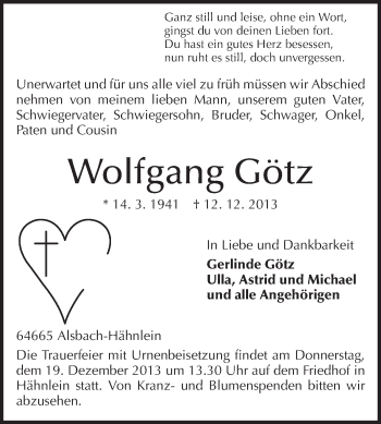 Traueranzeige von Wolfgang Götz von Echo-Zeitungen (Gesamtausgabe)
