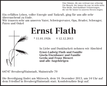 Traueranzeige von Ernst Flath von Odenwälder Echo