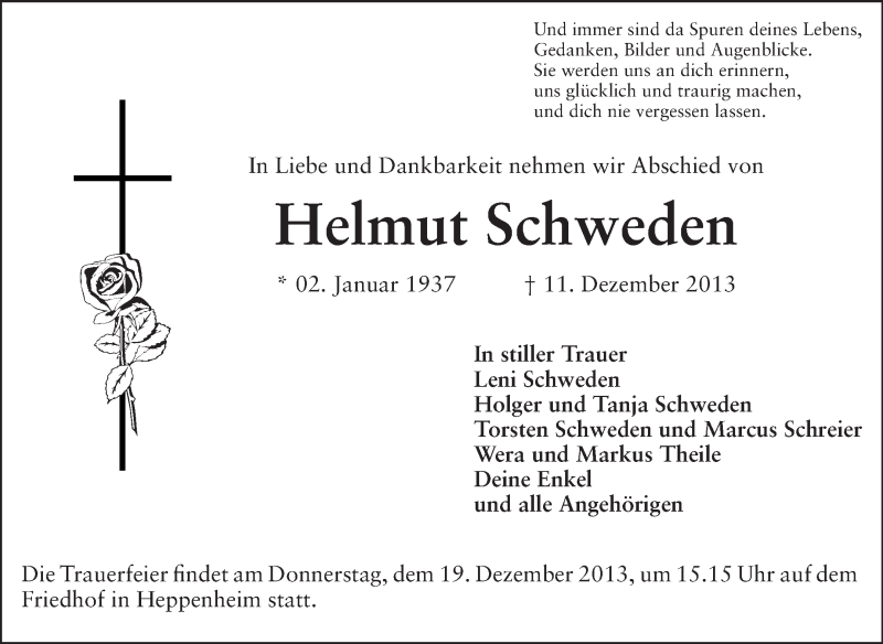  Traueranzeige für Helmut Schweden vom 16.12.2013 aus Starkenburger Echo