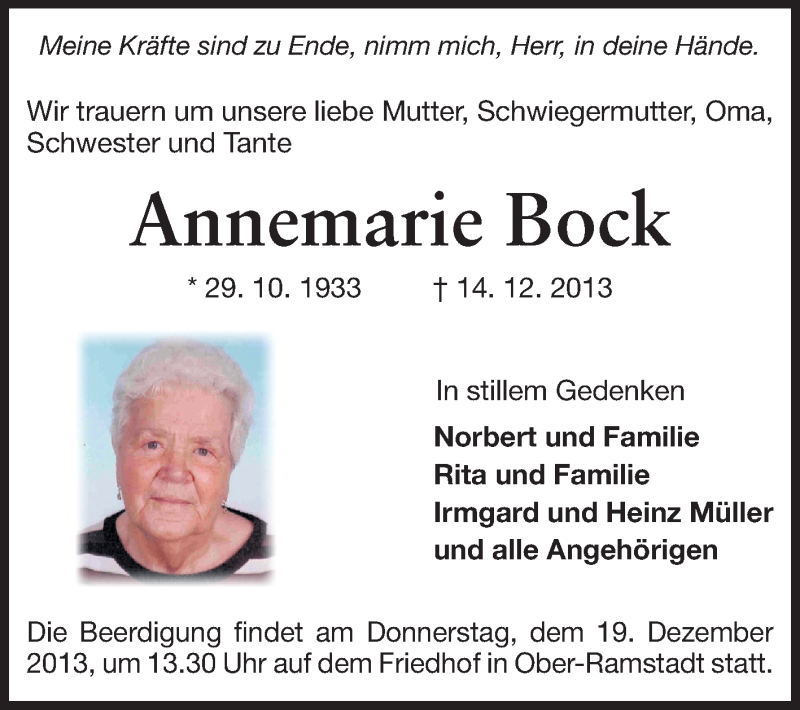  Traueranzeige für Annemarie Bock vom 17.12.2013 aus Darmstädter Echo, Odenwälder Echo, Rüsselsheimer Echo, Groß-Gerauer-Echo, Ried Echo