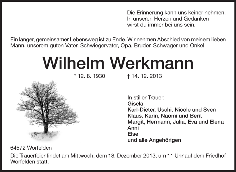 Traueranzeige für Wilhelm Werkmann vom 17.12.2013 aus Rüsselsheimer Echo, Groß-Gerauer-Echo, Ried Echo