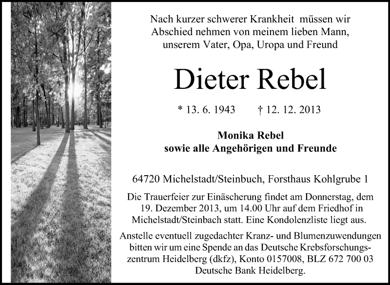  Traueranzeige für Dieter Rebel vom 17.12.2013 aus Odenwälder Echo