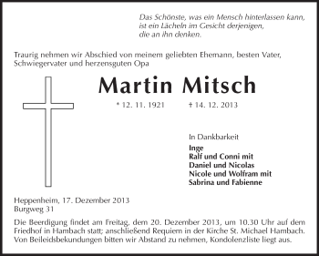 Traueranzeige von Martin Mitsch von Starkenburger Echo, Bergsträßer Anzeiger