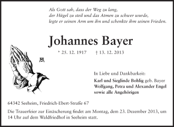 Traueranzeige von Johannes Bayer von Echo-Zeitungen (Gesamtausgabe)